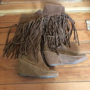 Wedge, tassel suede knee boots